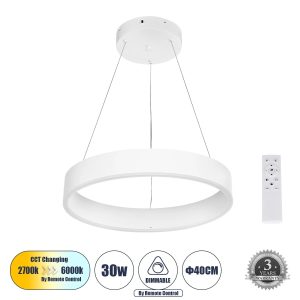 GLOBOSTAR® VENOM 61174 Μοντέρνο Κρεμαστό Φωτιστικό Οροφής LED 30W 3513lm 120° AC 220-240V IP20 Ρυθμιζόμενο Λευκό CCT με Χειριστήριο από 2700K έως 6000K Dimmable - Lumileds SMD Chip - Λευκό Ματ - Μ40 x Π40 x Υ6.5cm - 3 Χρόνια Εγγύηση