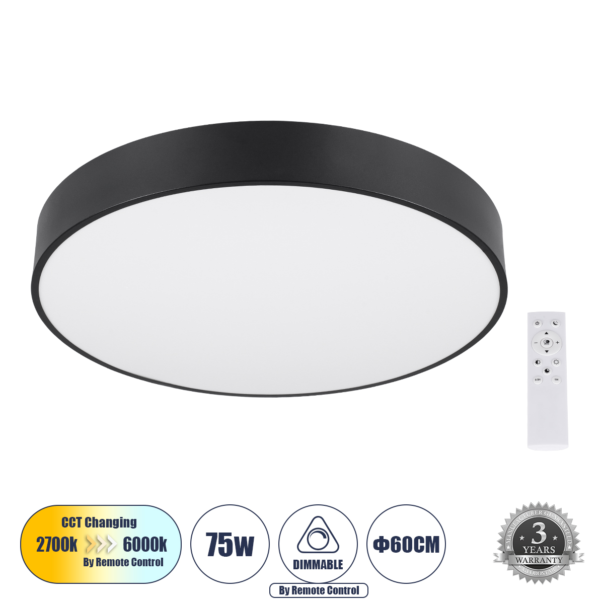 GLOBOSTAR® BURTON 61202-S Μοντέρνο Φωτιστικό Οροφής LED 75W 7500lm 120° AC 220-240V IP20 Ρυθμιζόμενο Λευκό CCT με Χειριστήριο από 2700K έως 6000K Dimmable - Lumileds SMD Chip - Μαύρο Ματ - Μ60 x Π60 x Υ8cm - 3 Χρόνια Εγγύηση GLOBOSTAR® BURTON 61202-S Μοντέρνο Φωτιστικό Οροφής LED 75W 7500lm 120° AC 220-240V IP20 Ρυθμιζόμενο Λευκό CCT με Χειριστήριο από 2700K έως 6000K Dimmable - Lumileds SMD Chip - Μαύρο Ματ - Μ60 x Π60 x Υ8cm - 3 Χρόνια Εγγύηση