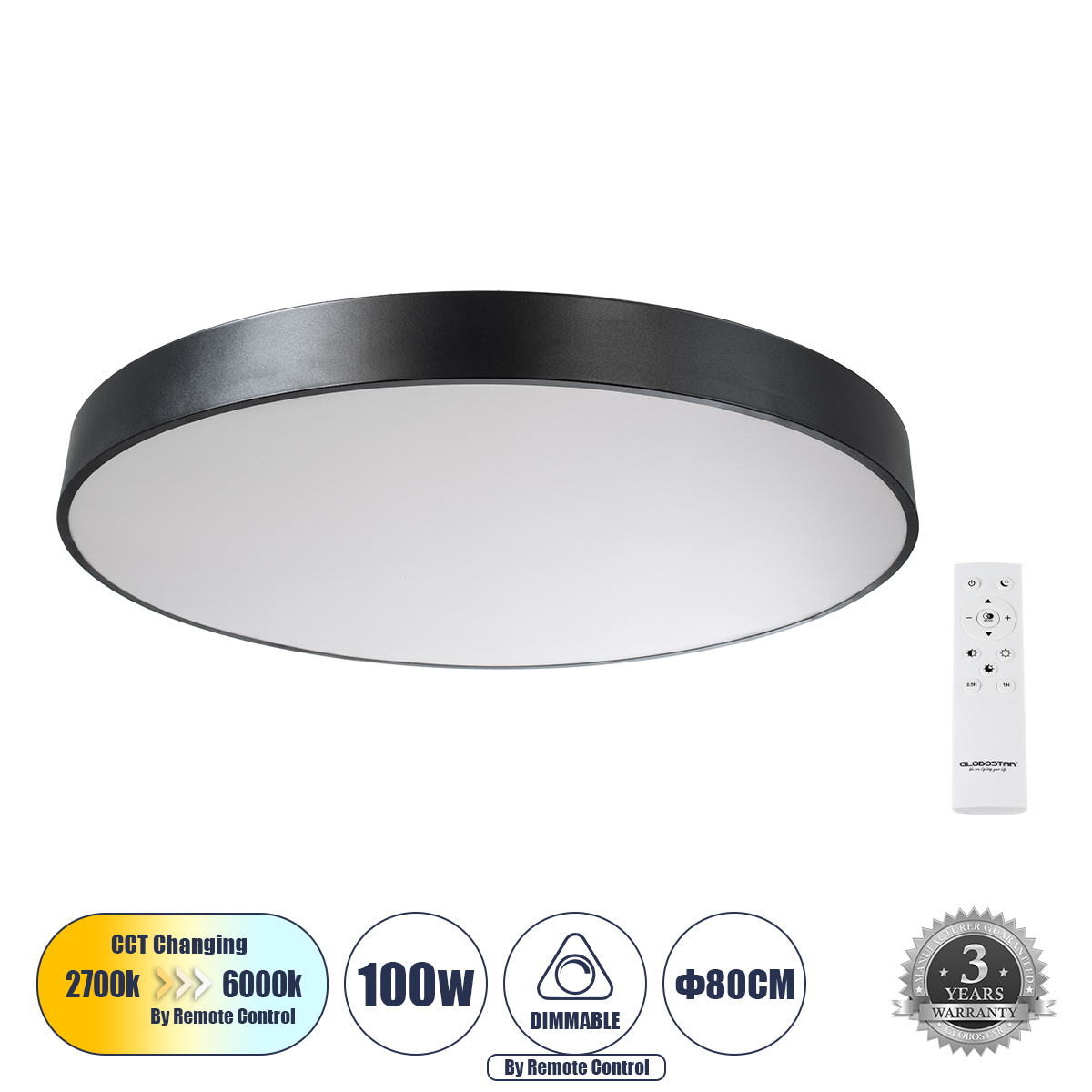 GLOBOSTAR® BURTON 61204-S Μοντέρνο Φωτιστικό Οροφής LED 100W 10000lm 120° AC 220-240V IP20 Ρυθμιζόμενο Λευκό CCT με Χειριστήριο από 2700K έως 6000K Dimmable - Lumileds SMD Chip - Μαύρο Ματ - Μ80 x Π80 x Υ8cm - 3 Χρόνια Εγγύηση GLOBOSTAR® BURTON 61204-S Μοντέρνο Φωτιστικό Οροφής LED 100W 10000lm 120° AC 220-240V IP20 Ρυθμιζόμενο Λευκό CCT με Χειριστήριο από 2700K έως 6000K Dimmable - Lumileds SMD Chip - Μαύρο Ματ - Μ80 x Π80 x Υ8cm - 3 Χρόνια Εγγύηση