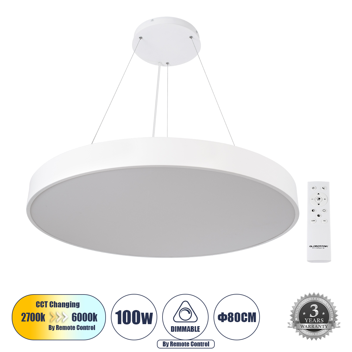GLOBOSTAR® BURTON 61205 Μοντέρνο Κρεμαστό Φωτιστικό Οροφής LED 100W 10000lm 120° AC 220-240V IP20 Ρυθμιζόμενο Λευκό CCT με Χειριστήριο από 2700K έως 6000K Dimmable - Lumileds SMD Chip - Λευκό Ματ - Μ80 x Π80 x Υ8cm - 3 Χρόνια Εγγύηση GLOBOSTAR® BURTON 61205 Μοντέρνο Κρεμαστό Φωτιστικό Οροφής LED 100W 10000lm 120° AC 220-240V IP20 Ρυθμιζόμενο Λευκό CCT με Χειριστήριο από 2700K έως 6000K Dimmable - Lumileds SMD Chip - Λευκό Ματ - Μ80 x Π80 x Υ8cm - 3 Χρόνια Εγγύηση