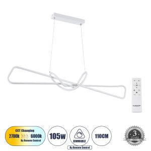 GloboStar® DOLORES 61280 Κρεμαστό Φωτιστικό Οροφής Design LED CCT 105W 11760lm 300° AC 220-240V - Εναλλαγή Φωτισμού μέσω Τηλεχειριστηρίου All In One Ψυχρό 6000k+Φυσικό 4500k+Θερμό 2700k Dimmable Μ110 x Π17 x Υ17.5cm - Λευκό - 3 Years Warranty