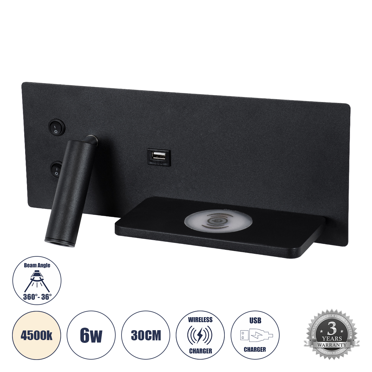 GLOBOSTAR® PALADIN 61352 Μοντέρνο Φωτιστικό Τοίχου - Απλίκα Ξενοδοχείου Reading Light με Φορτιστή USB 3A & Wireless 20W LED 6W 720lm 36° & 360° AC 220-240V IP20 Φυσικό Λευκό 4500K - Bridgelux COB Chip & TÜV SÜD Driver - Μαύρο Ματ - Μ30 x Π11 x Υ12cm - 3 Χρόνια Εγγύηση GloboStar® PALADIN 61352 Μοντέρνο Φωτιστικό Τοίχου - Απλίκα Ξενοδοχείου Bed Side LED 6W 720lm 36° AC 220-240V - Reading Light & Κρυφός Φωτισμός - Φορτιστές USB 3A & Wireless 20W - Μ30 x Π11 x Υ12cm - Φυσικό Λευκό 4500K - Μαύρο - Δεξί