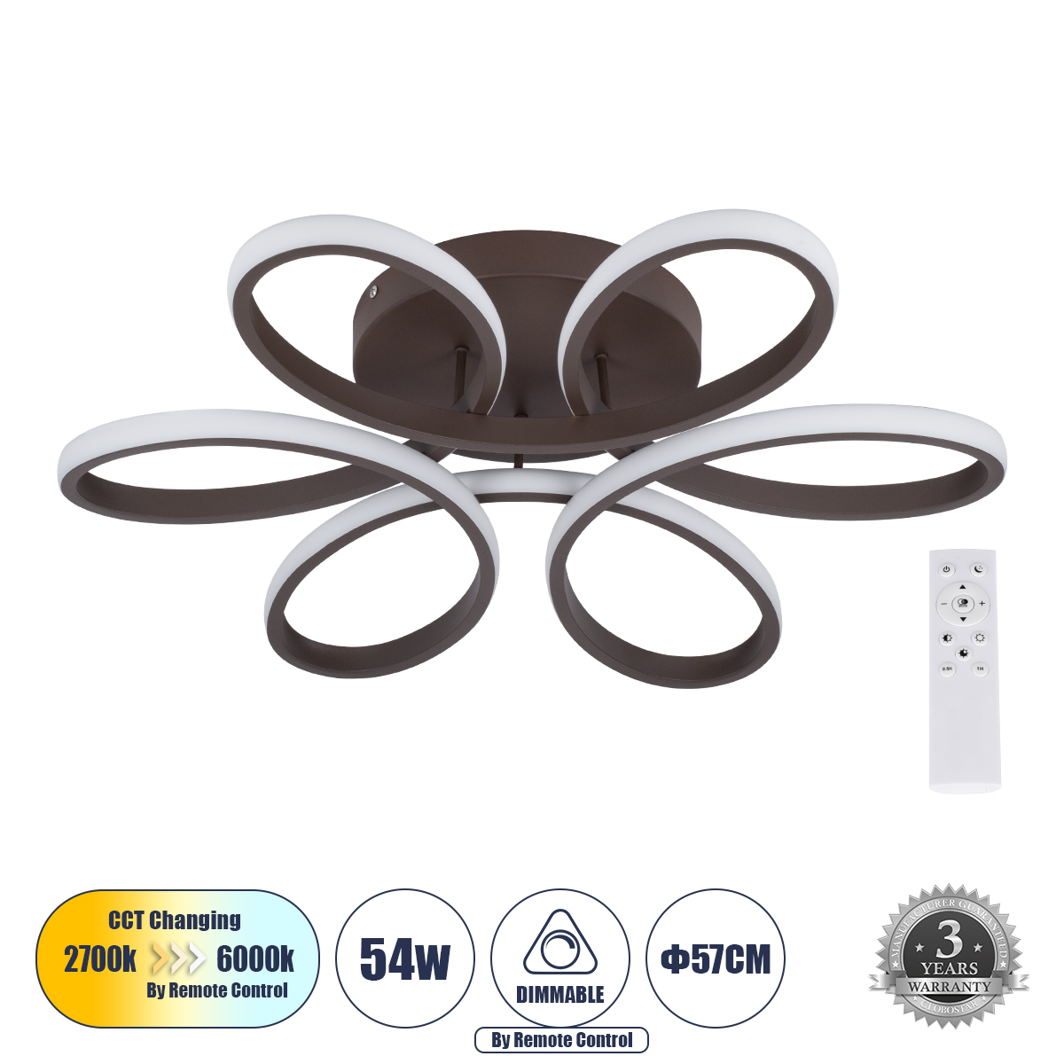 GLOBOSTAR® MARGARET 61402 Μοντέρνο Φωτιστικό Οροφής LED 54W 5400lm 360° AC 220-240V IP20 Ρυθμιζόμενο Λευκό CCT με Χειριστήριο από 2700K έως 6000K Dimmable - Lumileds SMD Chip - Καφέ Ματ - Μ57 x Π57 x Υ12cm - 3 Χρόνια Εγγύηση GLOBOSTAR® MARGARET 61402 Μοντέρνο Φωτιστικό Οροφής LED 54W 5400lm 360° AC 220-240V IP20 Ρυθμιζόμενο Λευκό CCT με Χειριστήριο από 2700K έως 6000K Dimmable - Lumileds SMD Chip - Καφέ Ματ - Μ57 x Π57 x Υ12cm - 3 Χρόνια Εγγύηση