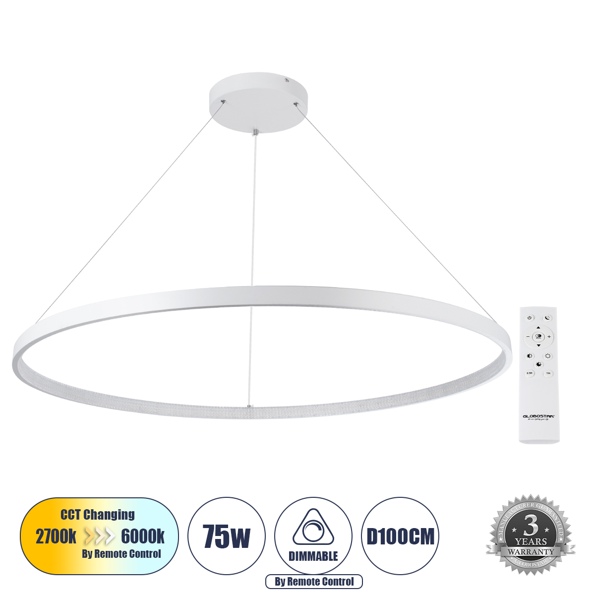 GLOBOSTAR® DIAMOND 61518 Μοντέρνο Κρεμαστό Φωτιστικό Οροφής LED 75W 8400lm 360° AC 220-240V IP20 Ρυθμιζόμενο Λευκό CCT με Χειριστήριο από 2700K έως 6000K Dimmable - Lumileds SMD Chip - Λευκό Ματ - Μ100 x Π100 x Υ90cm - 3 Χρόνια Εγγύηση GloboStar® DIAMOND 61518 Κρεμαστό Φωτιστικό Δαχτυλίδι-Κύκλος LED CCT 75W 8400lm 360° AC 220-240V - Εναλλαγή Φωτισμού μέσω Τηλεχειριστηρίου All In One Ψυχρό 6000k+Φυσικό 4500k+Θερμό 2700k Dimmable Φ100cm - Λευκό - 3 Years Warranty
