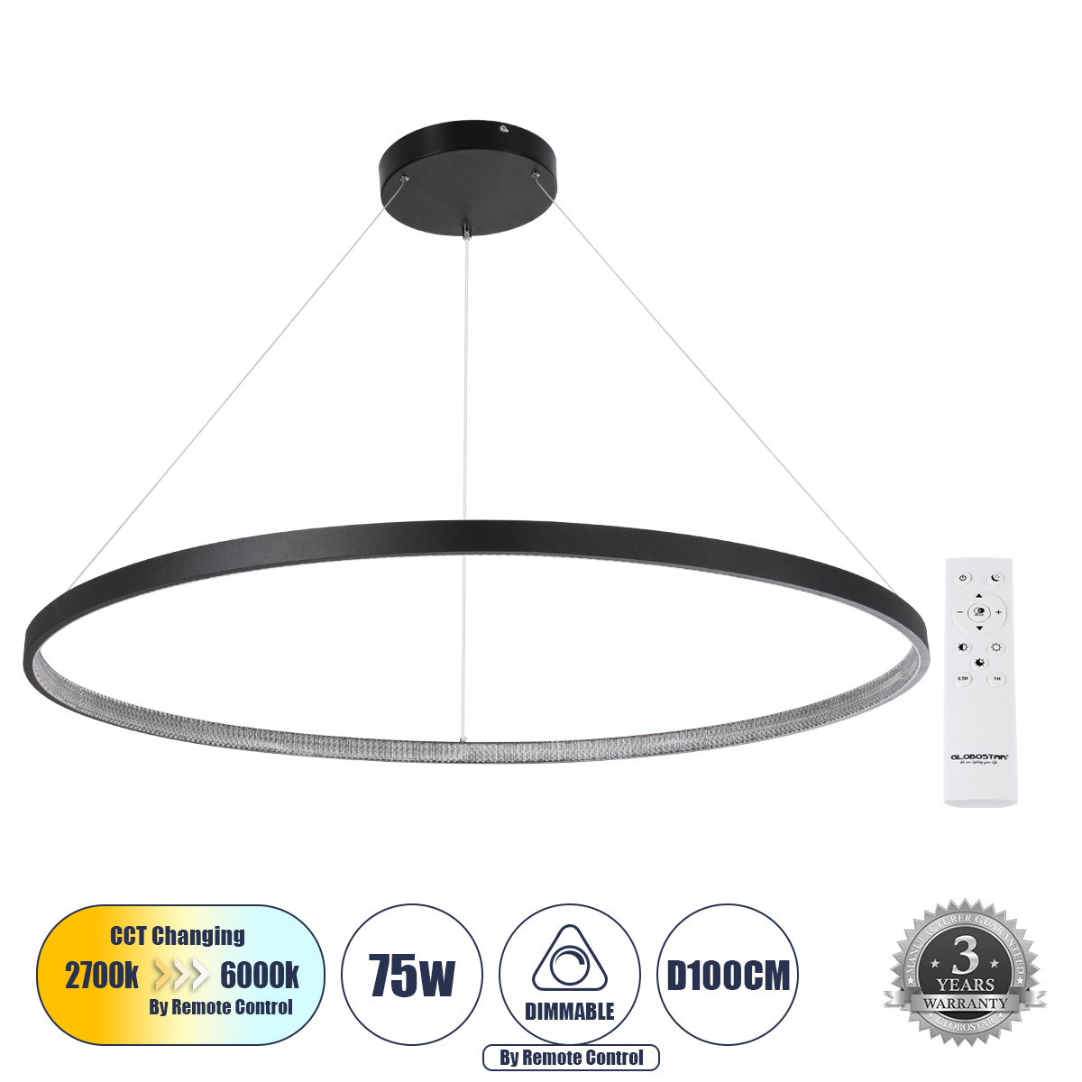 GLOBOSTAR® DIAMOND 61519 Μοντέρνο Κρεμαστό Φωτιστικό Οροφής LED 75W 8400lm 360° AC 220-240V IP20 Ρυθμιζόμενο Λευκό CCT με Χειριστήριο από 2700K έως 6000K Dimmable - Lumileds SMD Chip - Μαύρο Ματ - Μ100 x Π100 x Υ90cm - 3 Χρόνια Εγγύηση GloboStar® DIAMOND 61519 Κρεμαστό Φωτιστικό Δαχτυλίδι-Κύκλος LED CCT 75W 8400lm 360° AC 220-240V - Εναλλαγή Φωτισμού μέσω Τηλεχειριστηρίου All In One Ψυχρό 6000k+Φυσικό 4500k+Θερμό 2700k Dimmable Φ100cm - Μαύρο - 3 Years Warranty