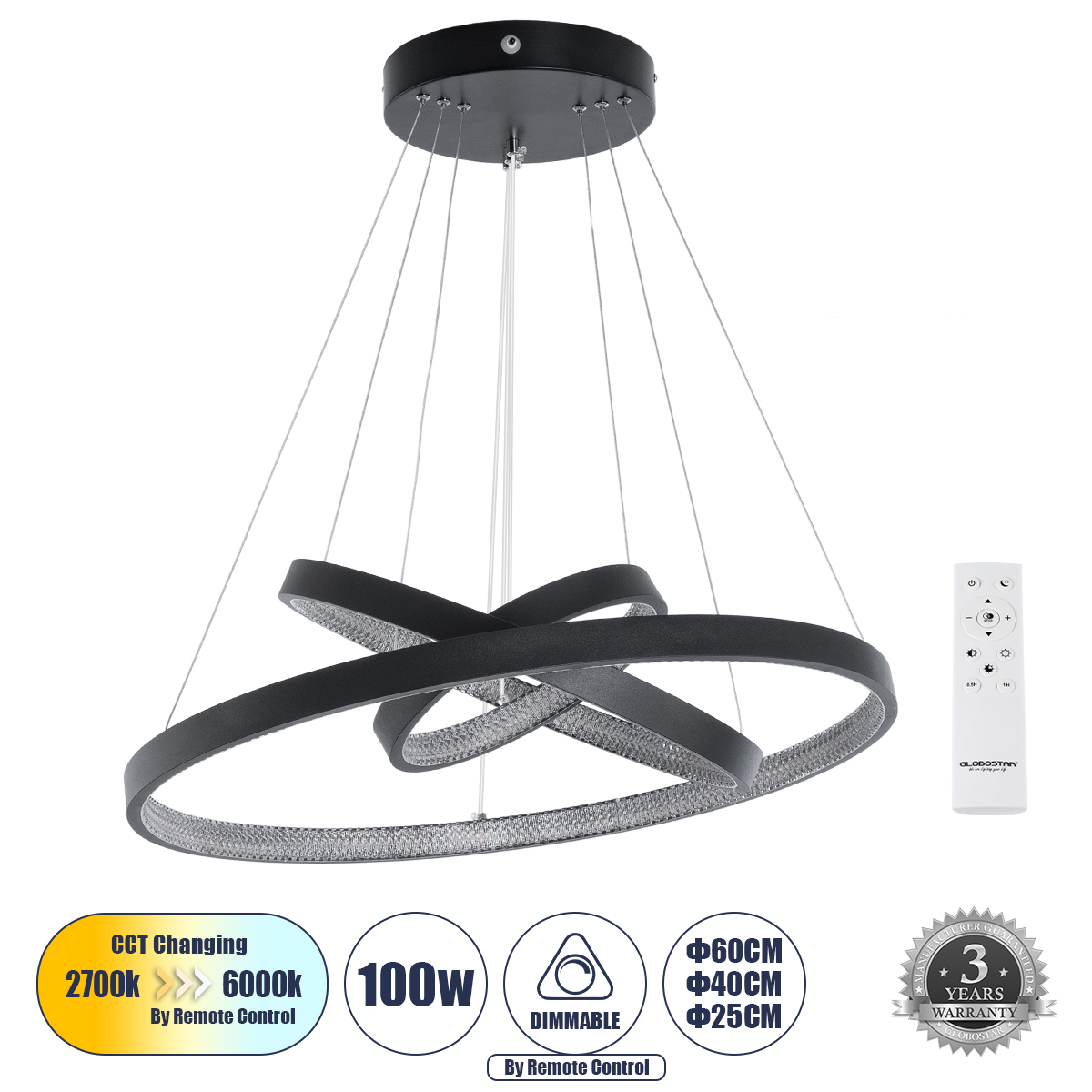 GLOBOSTAR® DIAMOND TRIO 61523-DECO Μοντέρνο Κρεμαστό Φωτιστικό Οροφής LED 100W 10000lm 360° AC 220-240V IP20 Ρυθμιζόμενο Λευκό CCT με Χειριστήριο από 2700K έως 6000K Dimmable - Lumileds SMD Chip - Μαύρο Ματ - Μ90 x Π90 x Υ90cm - 3 Χρόνια Εγγύηση