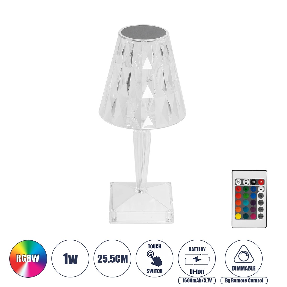 GLOBOSTAR® CRYSTAL 62042 Μοντέρνο Επιτραπέζιο Φωτιστικό Πορτατίφ LED 1W 100lm 360° DC 5V USB-C με Επαναφορτιζόμενη Μπαταρία Li-ion 3.7V 1600mAh IP44 Πολύχρωμο RGBW με Χειριστήριο Dimmable - Sanan SMD Chip - Διάφανο - Μ11.5 x Π11.5 x Υ25.5cm - 3 Χρόνια Εγγύηση GLOBOSTAR® CRYSTAL 62042 Μοντέρνο Επιτραπέζιο Φωτιστικό Πορτατίφ LED 1W 100lm 360° DC 5V USB-C με Επαναφορτιζόμενη Μπαταρία Li-ion 3.7V 1600mAh IP44 Πολύχρωμο RGBW με Χειριστήριο Dimmable - Sanan SMD Chip - Διάφανο - Μ11.5 x Π11.5 x Υ25.5cm - 3 Χρόνια Εγγ