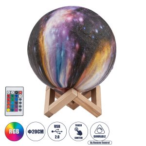 GloboStar® MOON 79617 Επιτραπέζιο Φωτιστικό Πορτατίφ LED 6W 360lm 360° DC 5V IP20 RGB Dimmable Πολύχρωμο Πλαστικό με Μπεζ Ξύλο - Μ20 x Π20 x Υ25cm - 2 Xρόνια Εγγύηση